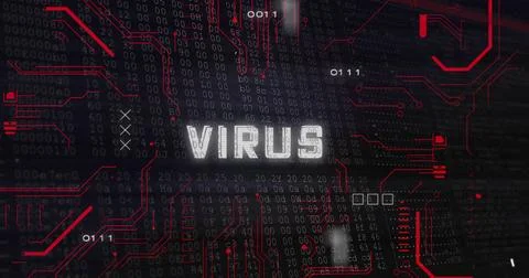 Image of virus text with glitch technique, multiple numbers, binary codes, Foto stock