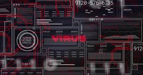 Image of virus text, graphs, loading bars, circles with changing numbers over Stockfoto's