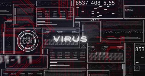 Image of virus text, graphs, loading bars, circles with changing numbers over Stock Photos