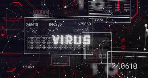 Image of virus text with network of connections and data processing on black Foto stock