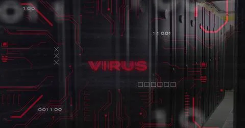 Image of virus text over data processing and computer motherboard and servers 스톡 일러스트