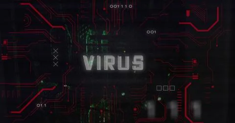 Image of virus text over data processing and server room Stock Illustration