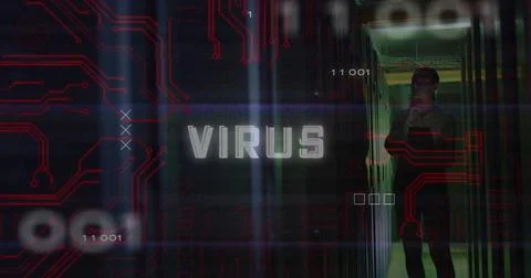Image of virus text over data processing caucasian female worker in server room Stock Photos
