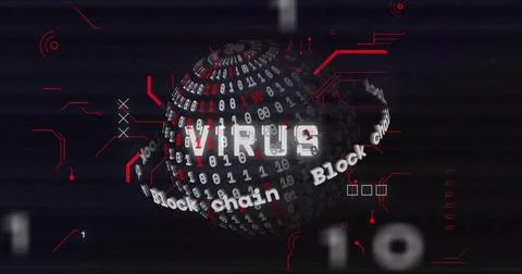 Image of virus text over digital data processing and binary coding globe Stock Photos