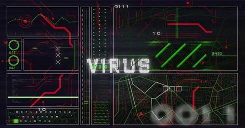 Image of virus text over network and processing data on black background Foto stock