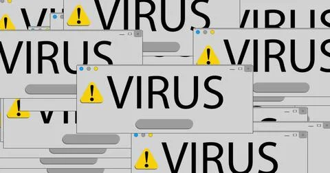 Image of virus text in prompt boxes over computer screen in background Foto stock