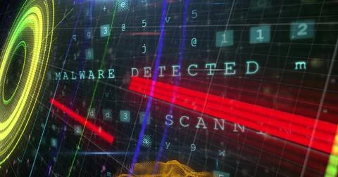 Image of virus warning and data processing over black background Illustrazione stock