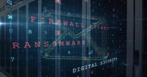 Image of virus warning and digital data processing over computer servers Foto stock