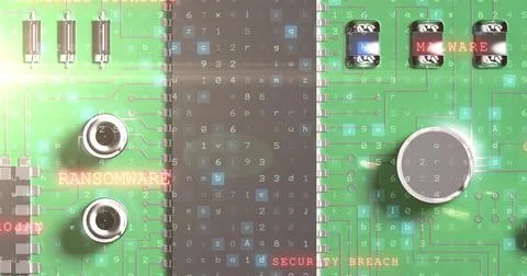 Image of virus warning over computer circuit board and binary coding on green Stock Photos