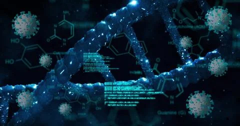 Image of viruses and data processing over dna on black background Illustrazione stock