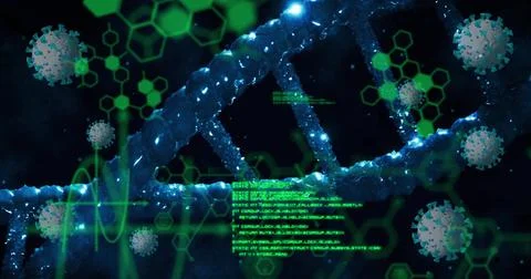 Image of viruses, elements and data processing over dna on black background Ilustração Stock