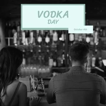 Image of vodka day over back view of caucasian couple with drinks in black and Fotos Stock