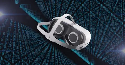 Image of vr headset over binary coding data processing Stock Photos