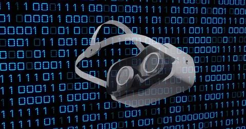 Image of vr headset over binary coding data processing Stock Photos