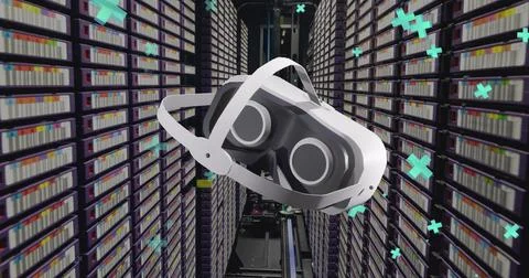 Image of vr headset over data processing and computer servers Stock Photos