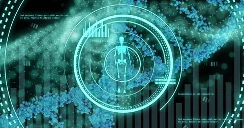 Image of walking skeleton in loading circles over dna helix and computer Stock Photos