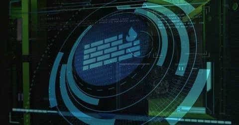 Image of wall icon and data processing over server room Illustrazione stock