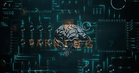Image of warning data processing, human brain and circuit board Stock Illustration