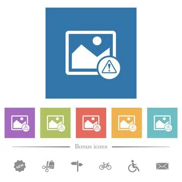 Image warning flat white icons in square backgrounds Stock Illustration