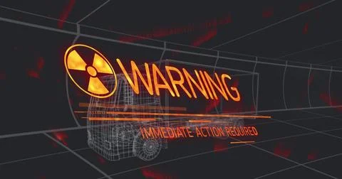 Image of warning text 3d car model over grid on black background Foto stock