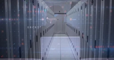 Image of warning text and data processing over computer servers in background Stock Photos