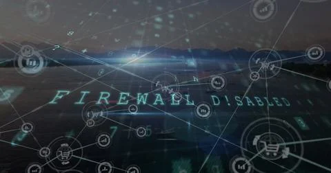 Image of warning text and network of connections over landscape Stock Illustration