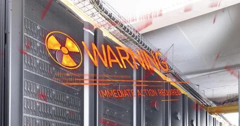 Image of warning text and symbol over server room Stock Photos