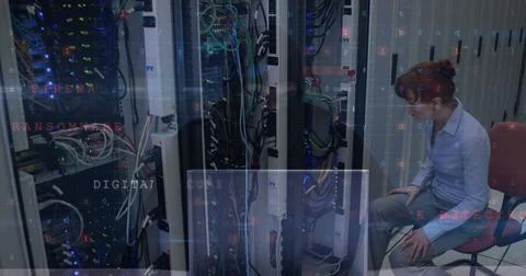 Image of warning text, data processing over computer servers and caucasian Stock Photos