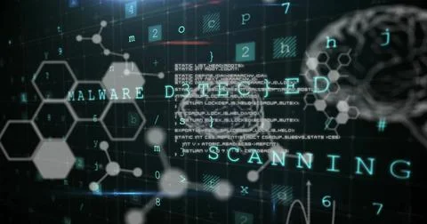 Image of warning text, human brains and scientific data processing Stock Photos