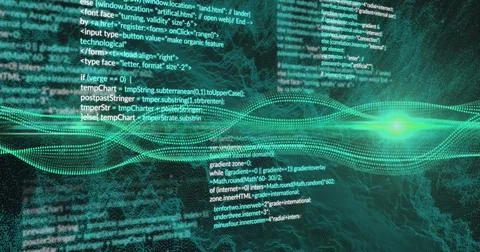 Image of wave pattern and computer language with dynamic waves over black Stockfoto's