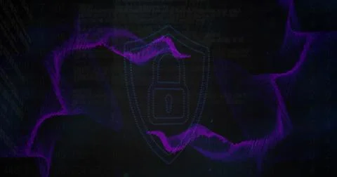 Image of wave patterns over computer language against padlock in shield on Foto stock