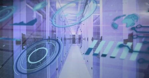 Image of wave patterns over graphs, circles, globe and soundwaves against s.. Foto stock