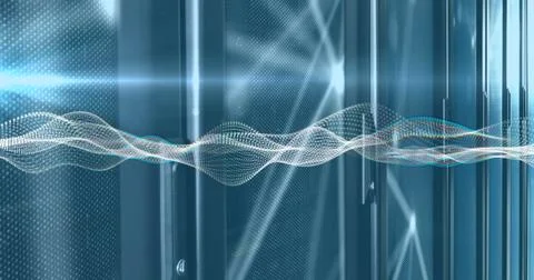 Image of waves and lights over servers 写真素材