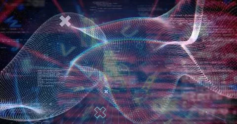 Image of waves and shapes over data processing in digital space Stock Photos