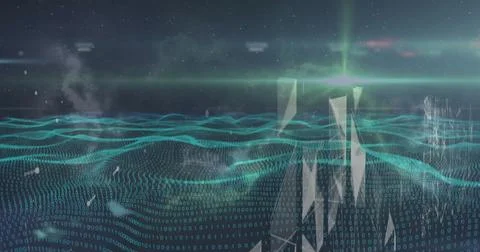 Image of waves with data processing and network of connections on black Stock Photos