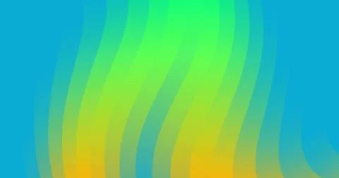 Image of waves of orange and green curved lines moving on blue background Foto stock