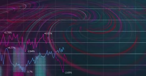 Image of waves over financial data on black background Illustrazione stock