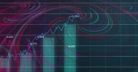 Image of waves over financial data on black background Stock Illustration