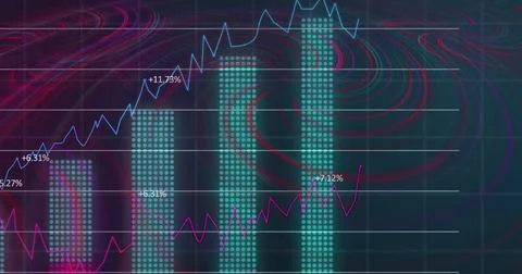 Image of waves over financial data on black background 스톡 일러스트