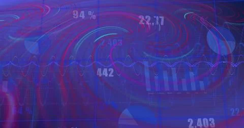 Image of waves over financial data on blue background Stock Photos
