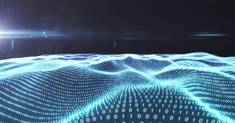 Image of waving mesh with glowing computer binary coding Stock Illustration