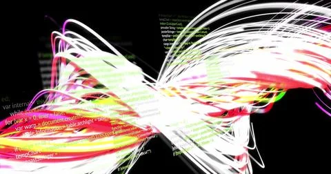 Image of wavy lights and data processing on black background Stock Photos