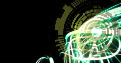 Image of wavy lights and processing circle on black background Stock Illustration