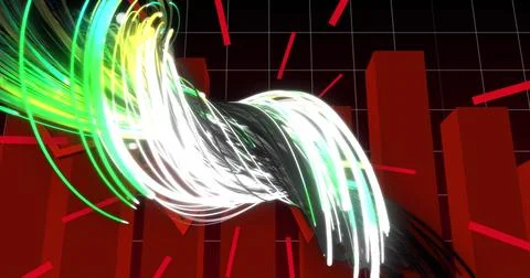 Image of wavy lights and red lines and graph on black background Stock Illustration