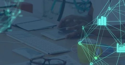 Image of web of connection with interface icons over a woman using a digita.. Foto stock