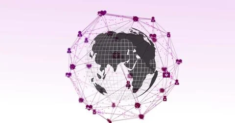 Image of web of connections with icons floating over spinning globe on a wh.. Stock Photos