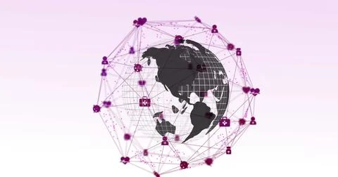 Image of web of connections with icons floating over spinning globe on a wh.. Stock Photos