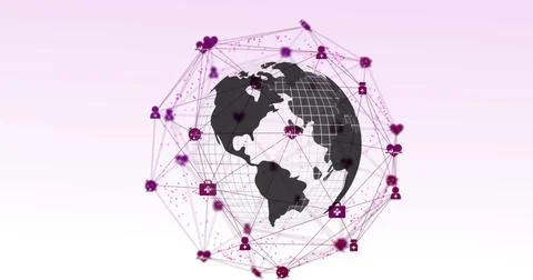 Image of web of connections with icons floating over spinning globe on a wh.. Stock Photos