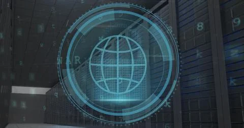 Image of web globe icon and cyber security data processing against computer.. Foto stock