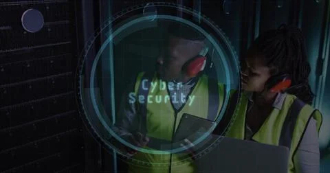 Image of web globe over african american male and female engineer using lap.. Stock Photos